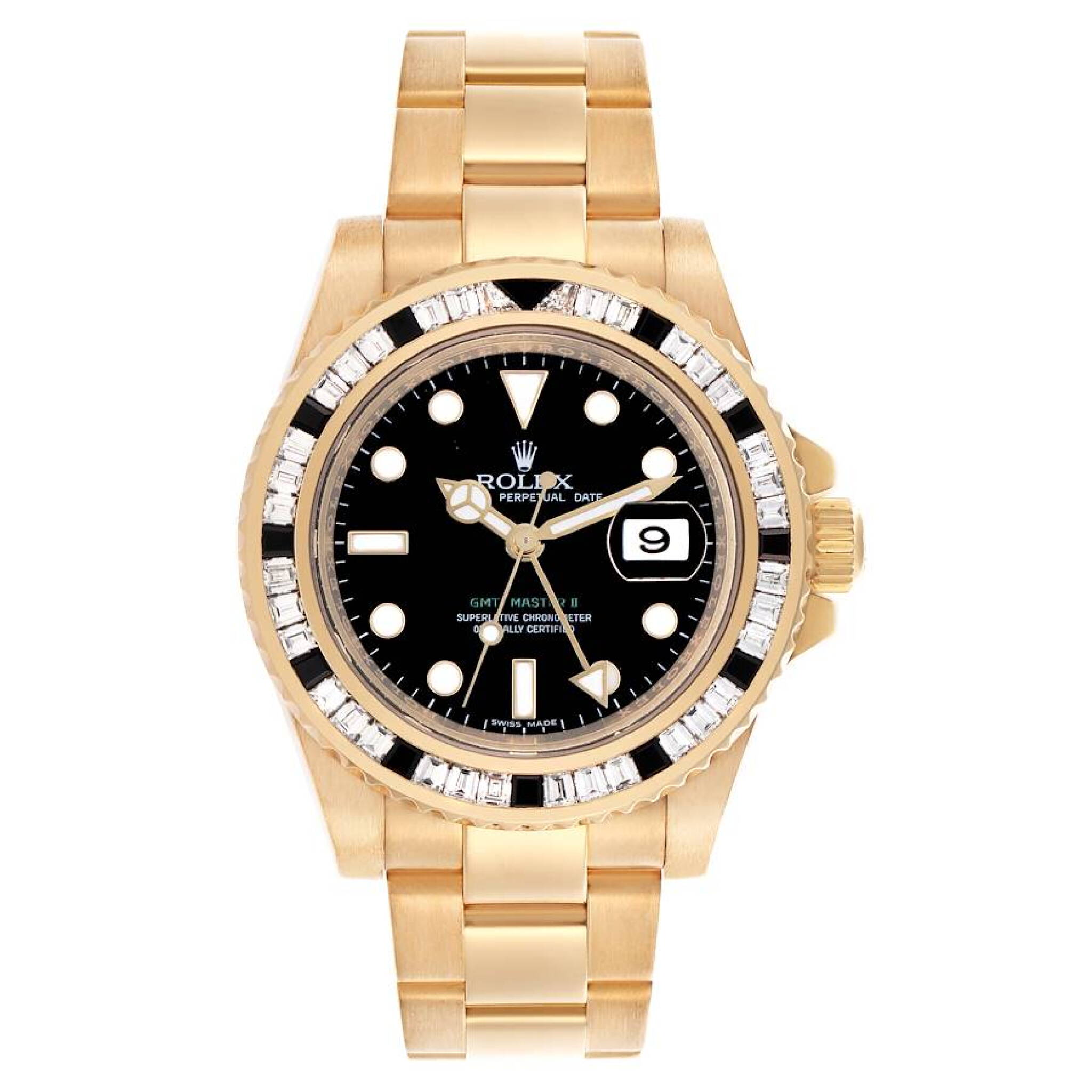 GMT-Master II (Reference 116748SANR). A 40mm yellow gold diamond sapphire-set automatic wristwatch with date. 2006-2007 — view 1