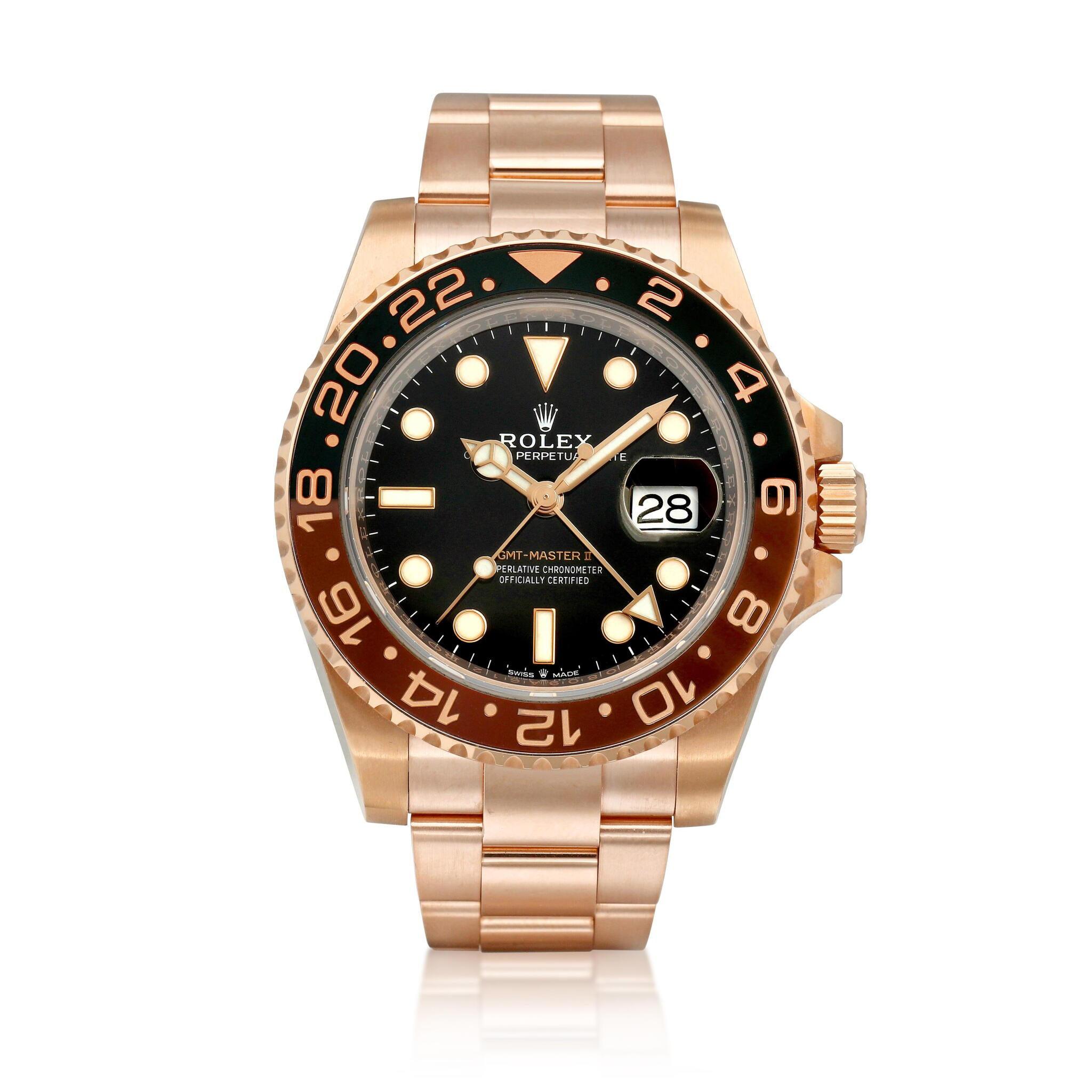GMT-Master II 'Root beer' (Reference 126715CHNR). A 40mm pink gold automatic wristwatch with date and dual time. Circa 2020 — view 1