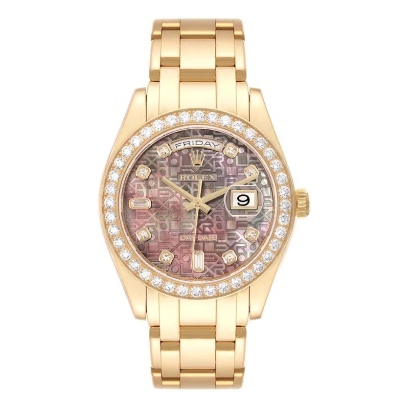 Pearlmaster Masterpiece Day-Date (المرجع 18948). ساعة يد من الذهب الأصفر بقطر 39mm، مرصّعة بالألماس، بحركة أوتوماتيكية، مع التاريخ واليوم. 2007-2008