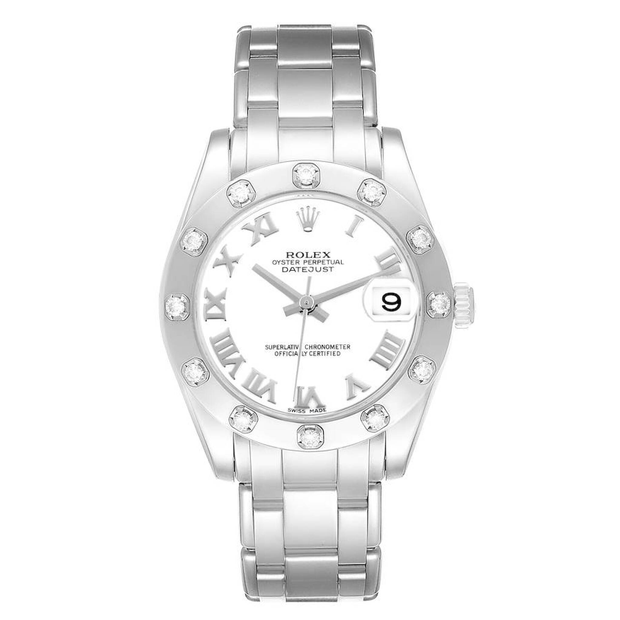 Pearlmaster (Reference 81319). A 34mm white gold diamond set automatic wristwatch with date. 2008-2009 — view 1
