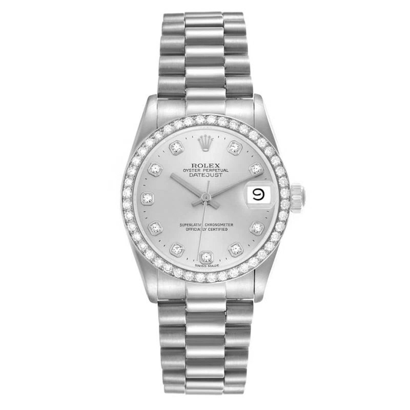 President Datejust (المرجع 68286). ساعة يد من البلاتين بقطر 31mm، مرصّعة بالألماس، بحركة أوتوماتيكية، مع التاريخ. 1995-1996