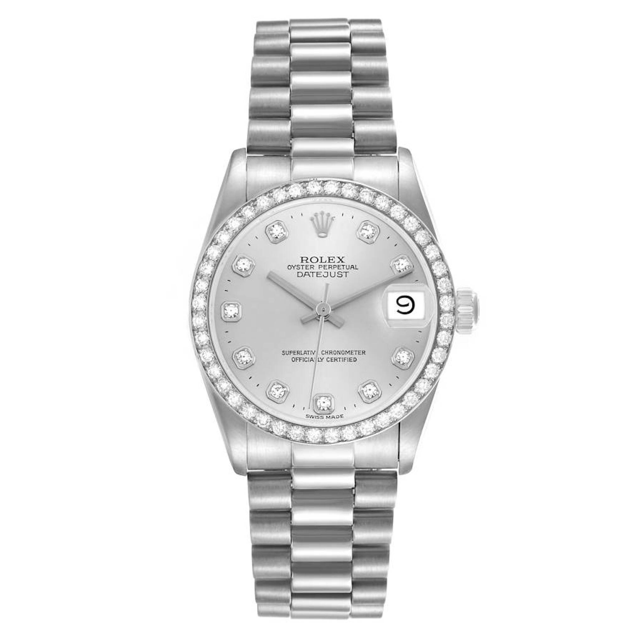 President Datejust (Reference 68286). A 31mm platinum diamond set automatic wristwatch with date. 1995-1996 — view 1