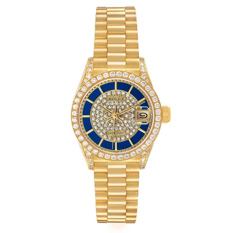 President Datejust Lapis Lazuli Dial (Reference 69158). A 26mm yellow gold diamond-set automatic wristwatch with date. 1990-1991