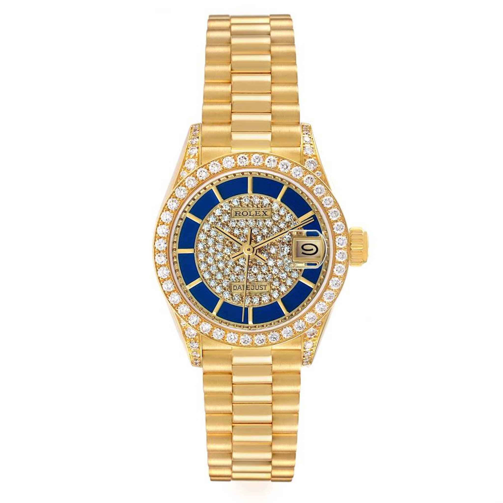President Datejust Lapis Lazuli Dial (Reference 69158). A 26mm yellow gold diamond-set automatic wristwatch with date. 1990-1991 — view 1