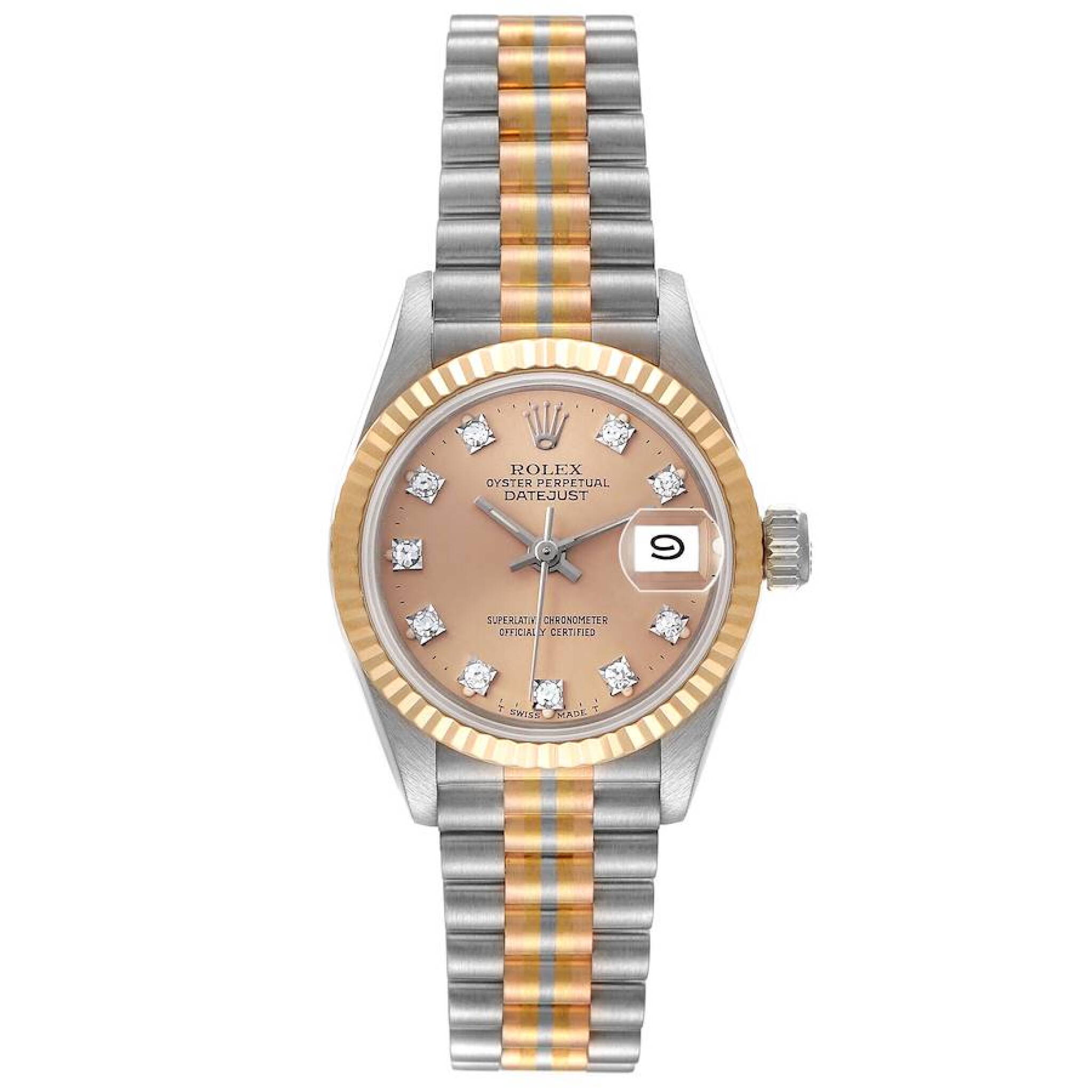 President Datejust 'Tridor' (Reference 69179). A 26mm tri-color gold diamond-set automatic wristwatch with date. 1987-1988 — view 1