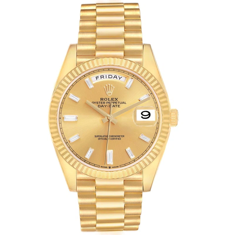 President Day-Date (Reference 228238). A 40mm yellow gold diamond-set automatic wristwatch with date and day. 2023