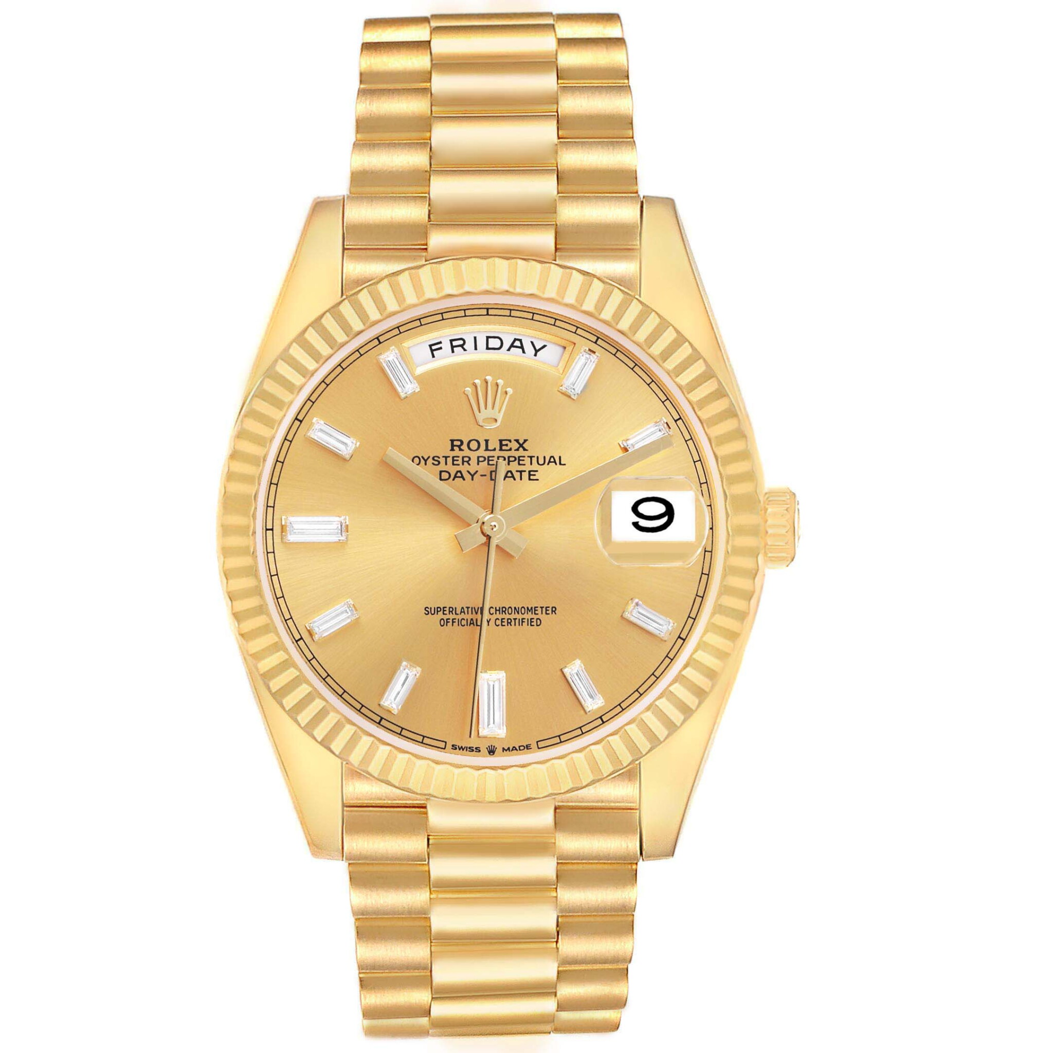 President Day-Date (Reference 228238). A 40mm yellow gold diamond-set automatic wristwatch with date and day. 2023 — view 1