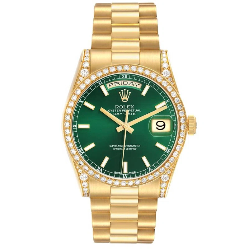 President Day-Date (المرجع 118388). ساعة يد من الذهب الأصفر بقطر 36mm، مرصّعة بالألماس، بحركة أوتوماتيكية، مع التاريخ واليوم. 2010
