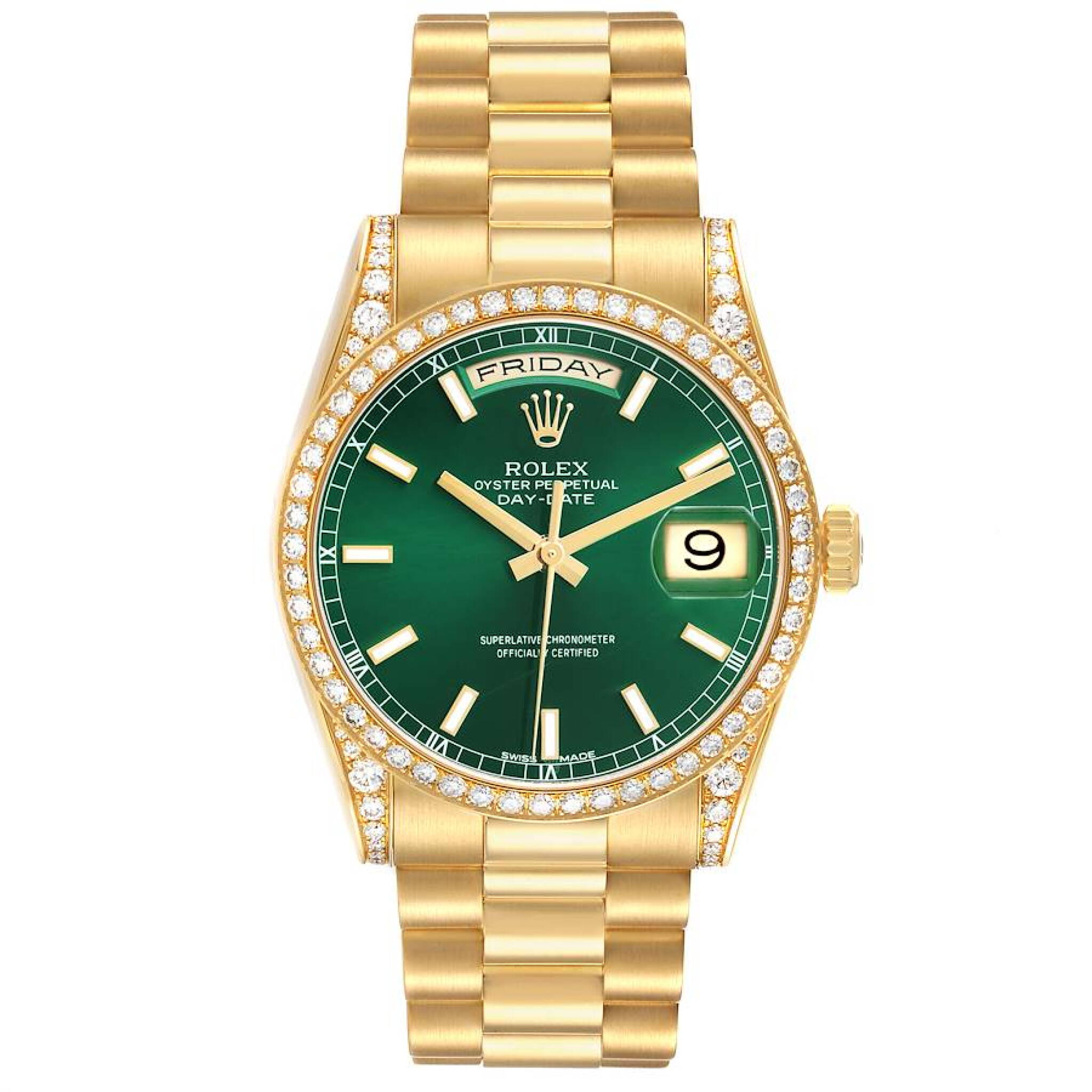 President Day-Date (Reference 118388). A 36mm yellow gold diamond-set automatic wristwatch with date and day. 2010 — view 1