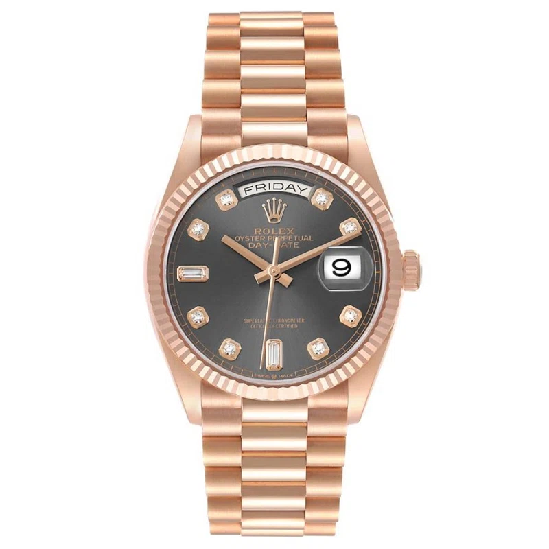 President Day-Date (المرجع 128235). ساعة يد من الذهب الوردي بقطر 36mm، مرصّعة بالألماس، بحركة أوتوماتيكية، مع التاريخ واليوم. 2023