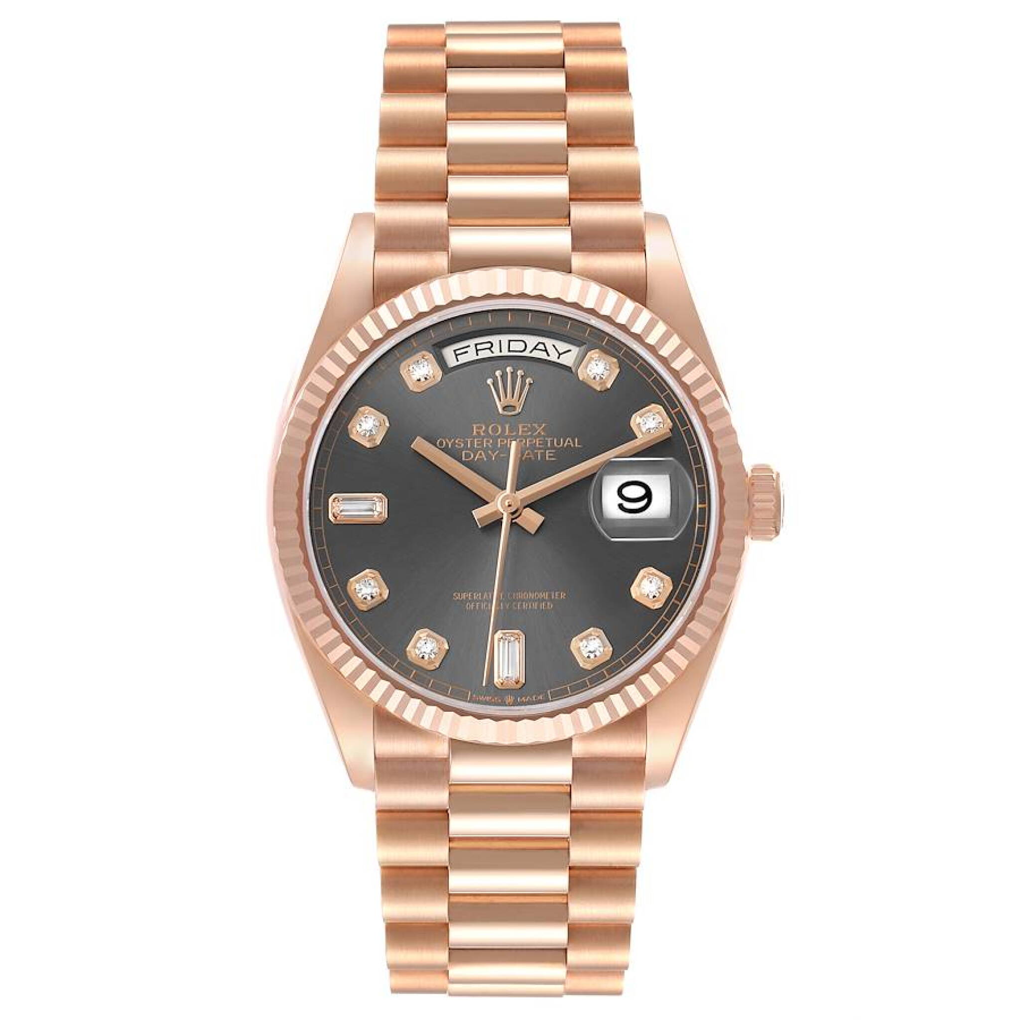 President Day-Date (Reference 128235). A 36mm rose gold diamond-set automatic wristwatch with date and day. 2023 — view 1