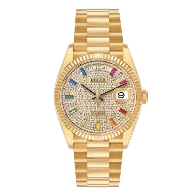 President Day-Date 'Pave Rainbow' (المرجع 128238). ساعة يد من yellow gold diamond gem-set بقطر 36mm، بحركة أوتوماتيكية، مع التاريخ واليوم. 2021