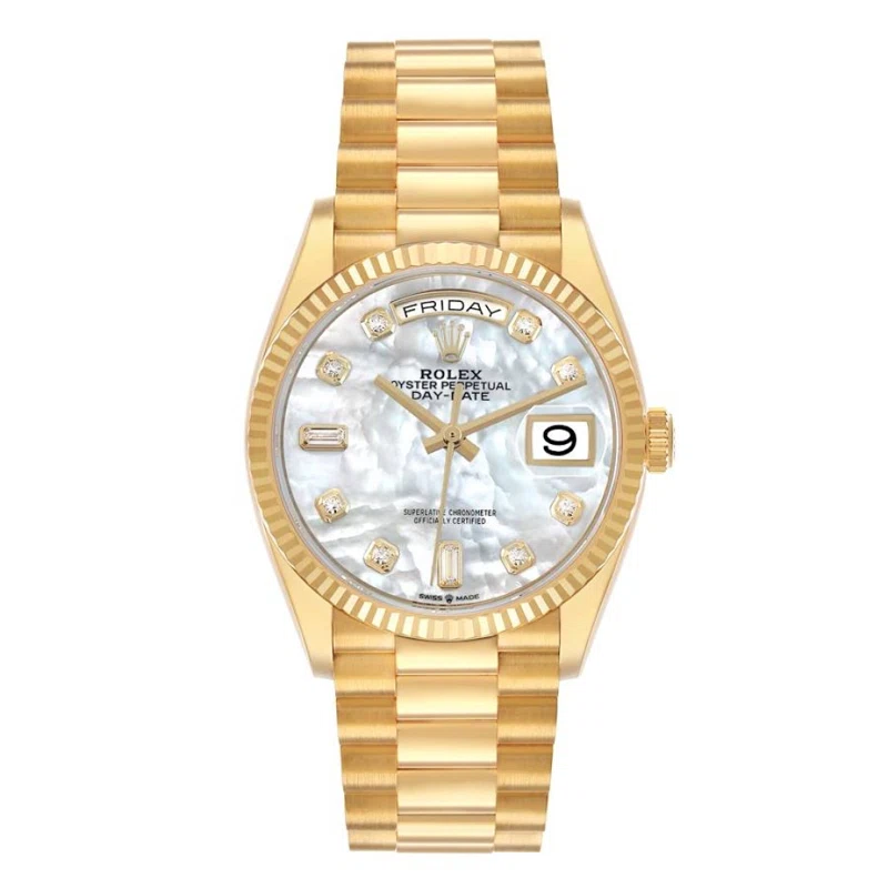 President Day-Date (المرجع 128238). ساعة يد من الذهب الأصفر بقطر 36mm، مرصّعة بالألماس، بحركة أوتوماتيكية، مع التاريخ واليوم. 2020