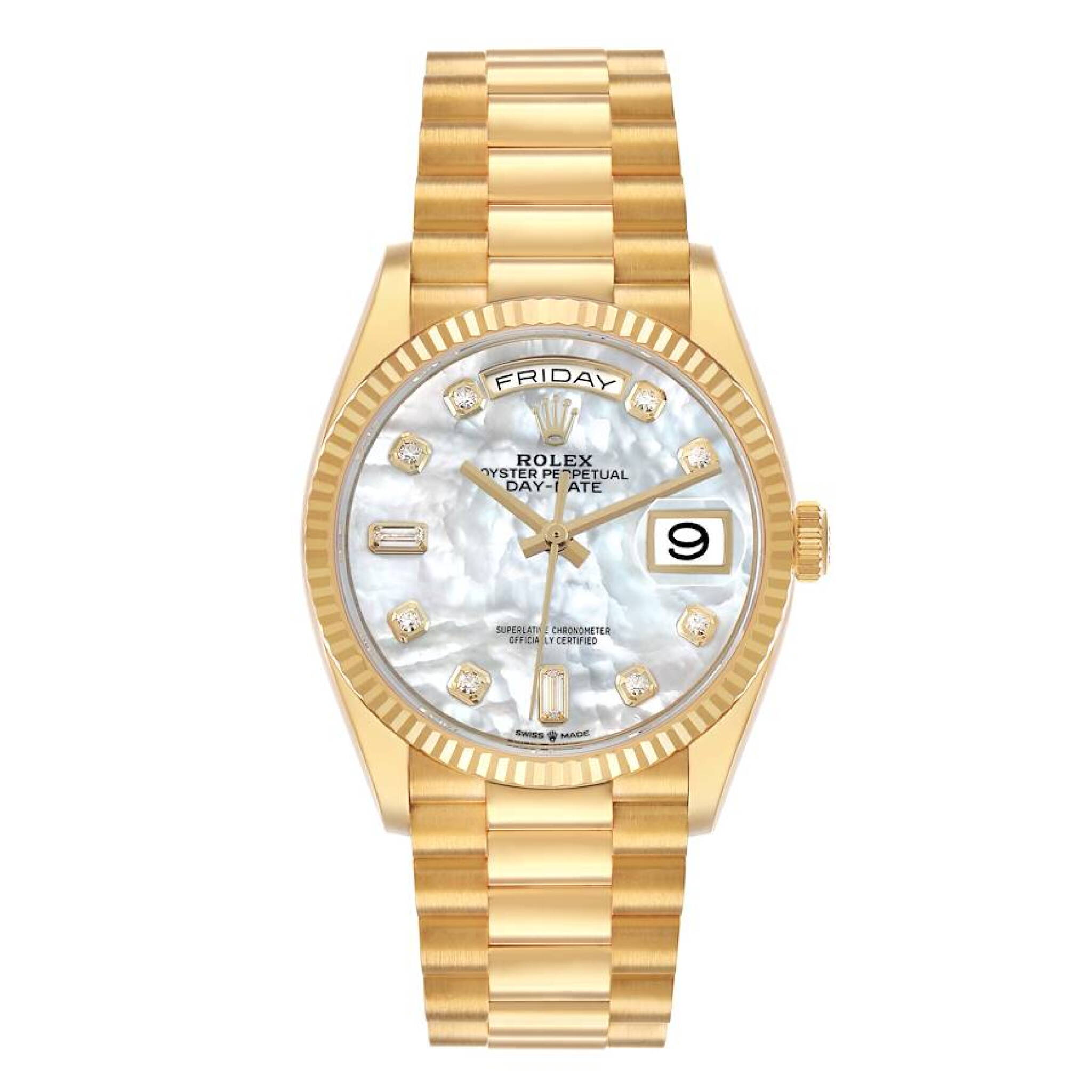 President Day-Date (Reference 128238). A 36mm yellow gold diamond-set automatic wristwatch with date and day. 2020 — view 1