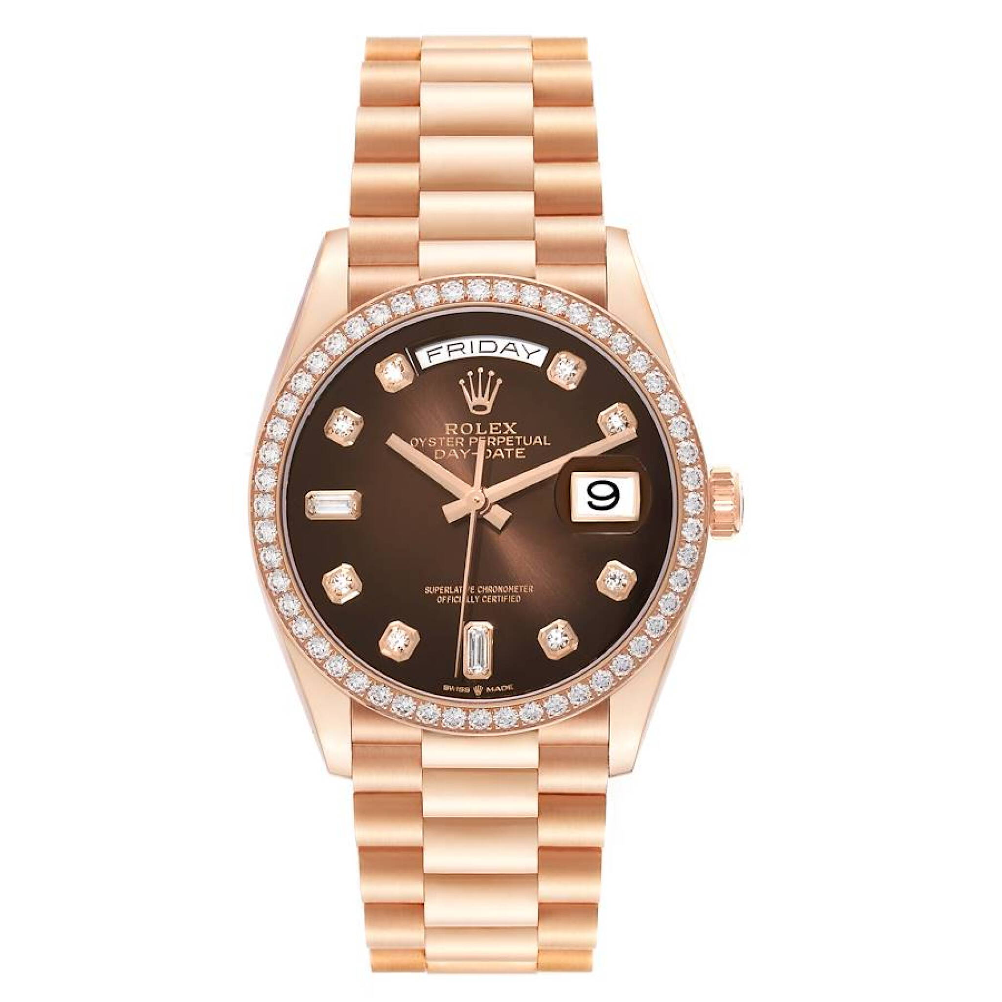 President Day-Date (Reference 128345). A 36mm rose gold diamond-set automatic wristwatch with date and day.  — view 1