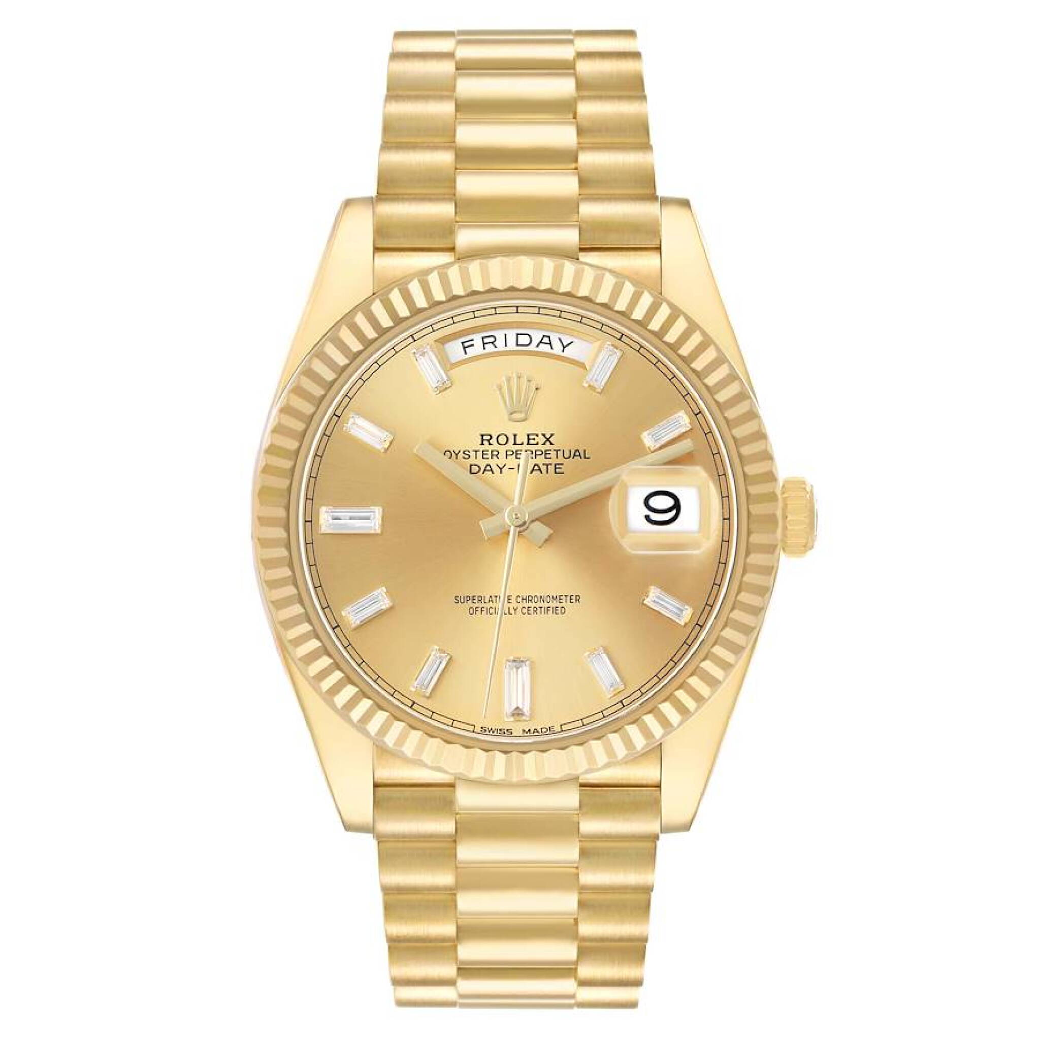 President Day-Date (Reference 228238). A 40mm yellow gold diamond-set automatic wristwatch with date and day. 2018 — view 1