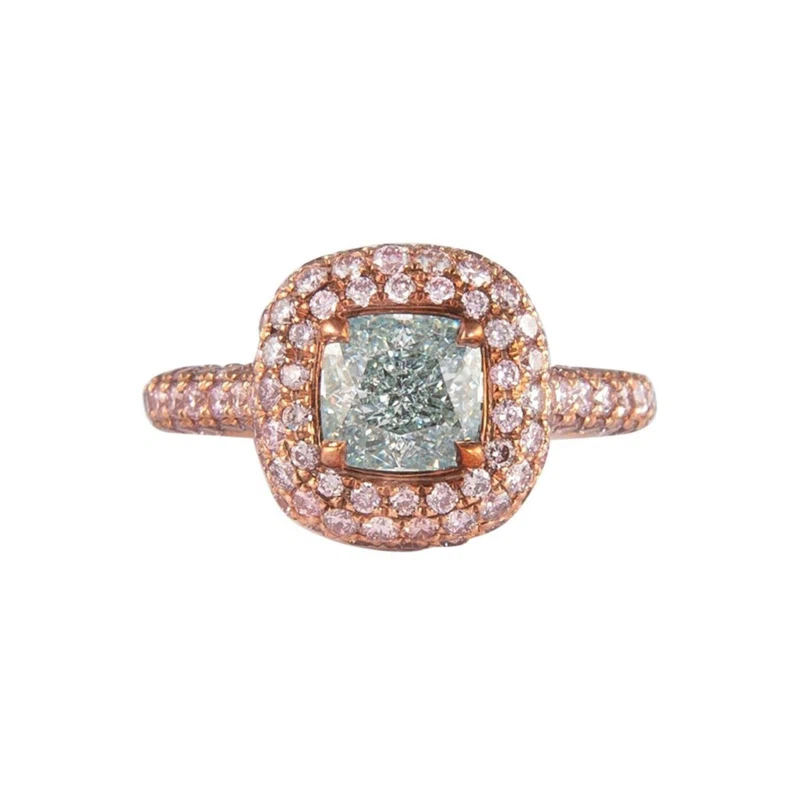 Rose Gold, 1.38ct Cushion Cut Fancy Light Bluish Green Diamond and Pink Diamond Ring 