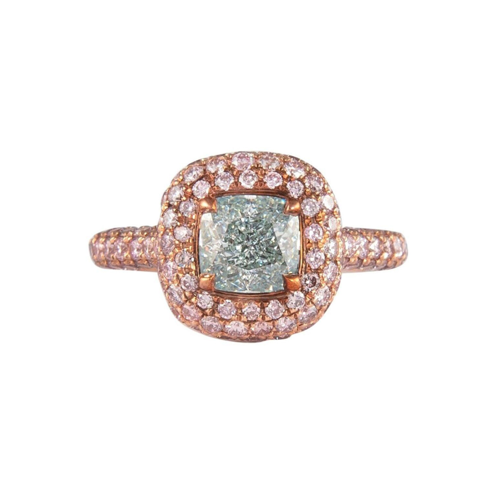Rose Gold, 1.38ct Cushion Cut Fancy Light Bluish Green Diamond and Pink Diamond Ring  — view 1