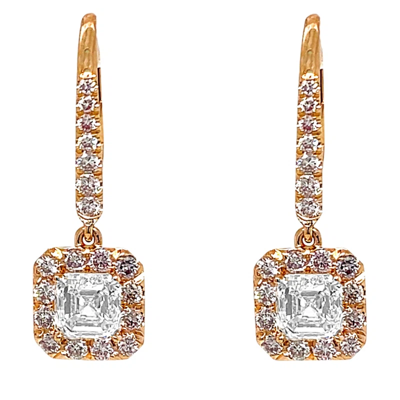 Rose Gold, 2.02ct Emerald Cut Diamond and Pink Diamond Drop Earrings