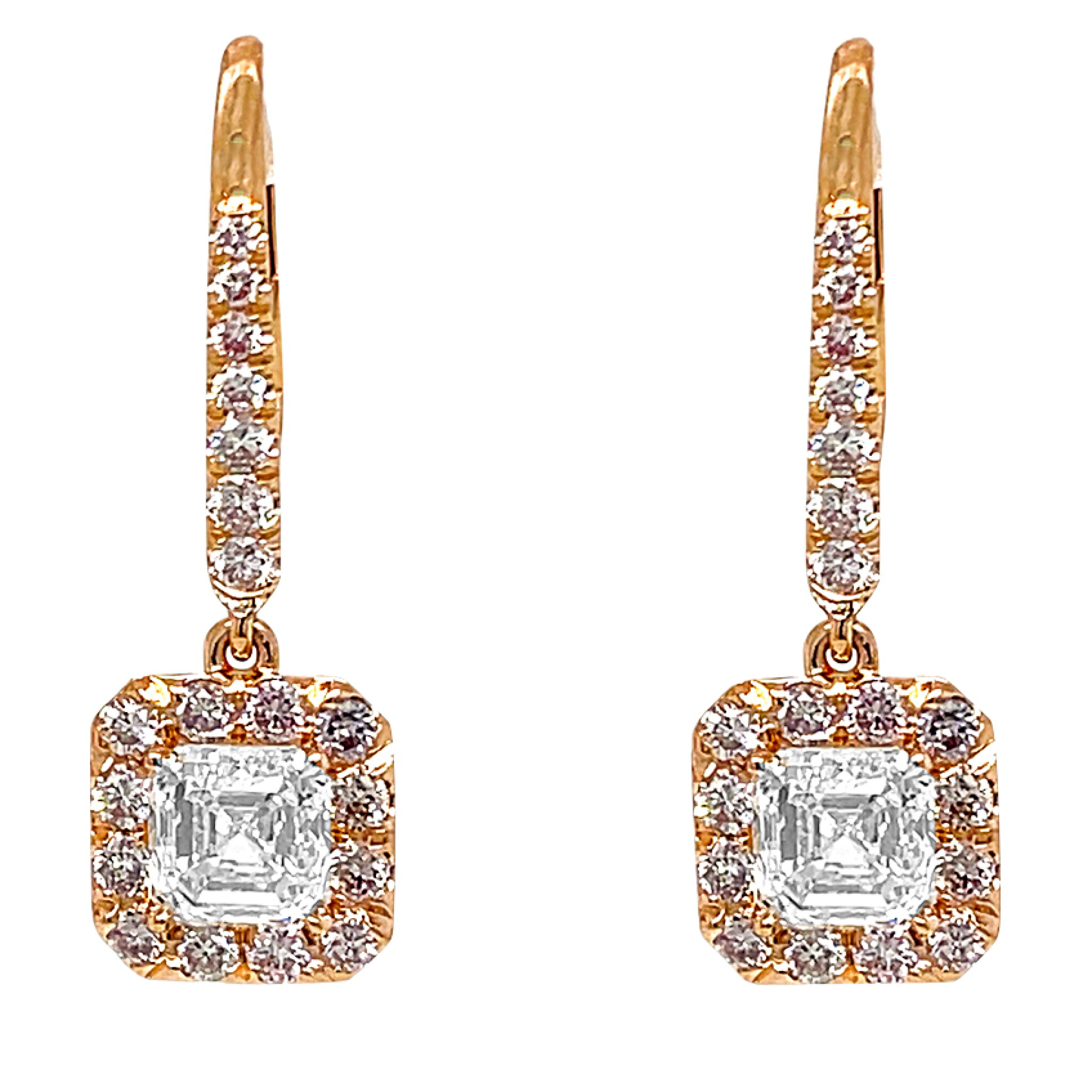 Rose Gold, 2.02ct Emerald Cut Diamond and Pink Diamond Drop Earrings — view 1