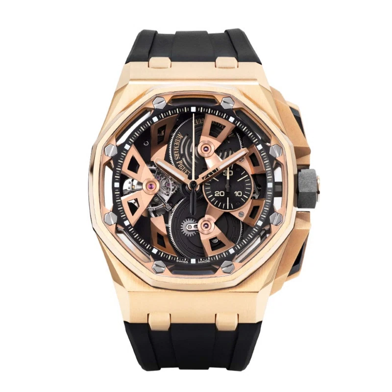 Royal Oak Offshore Limited Edition (Reference 26421OR.OO.A002CA.01). A 45mm rose gold manual wind wristwatch with a chronograph and tourbillon.