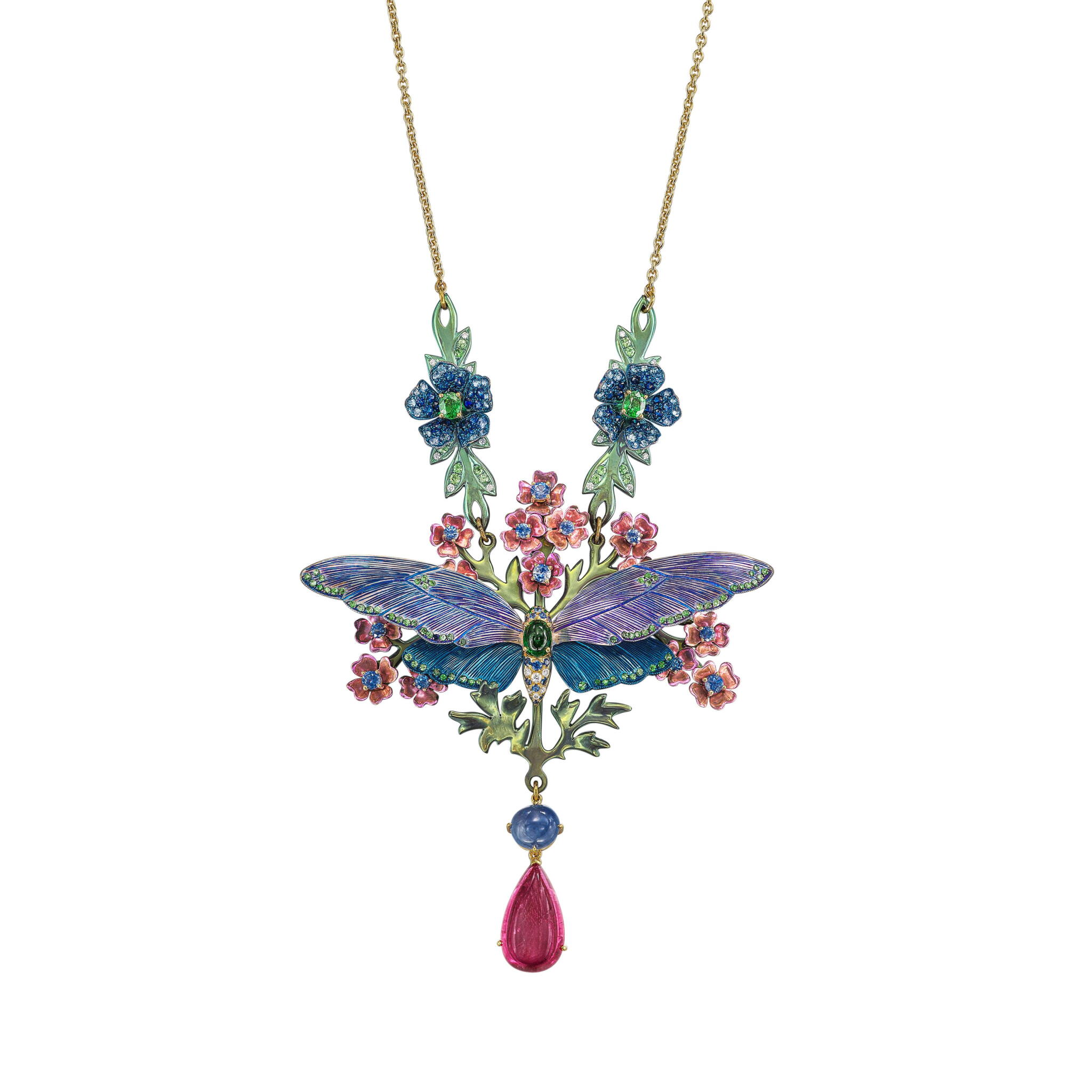 Titanium, Gold, Rubellite, Gem Set and Diamond Pendant Necklace — view 1