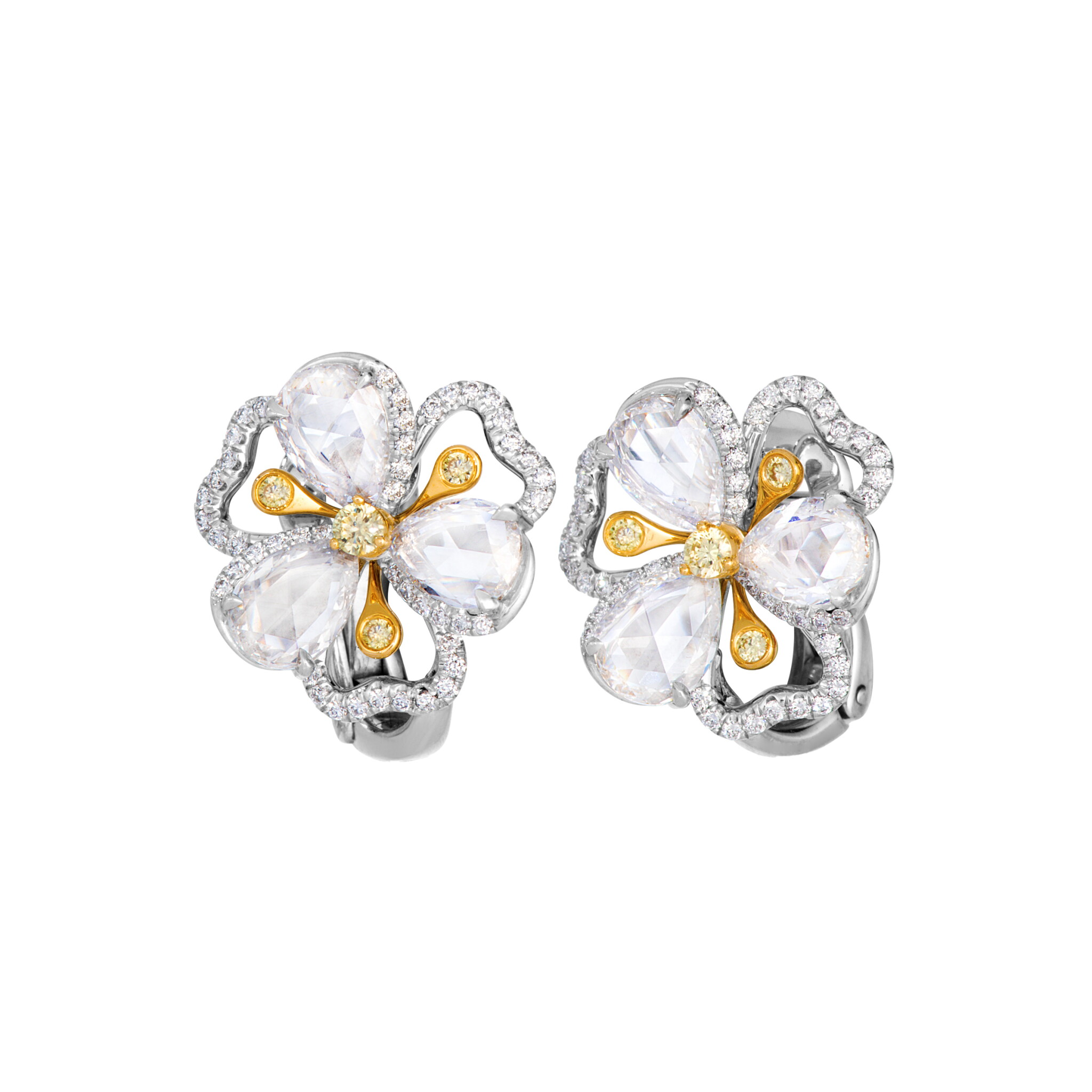 Platinum, Gold, Yellow Diamond and Diamond Earclips — view 1