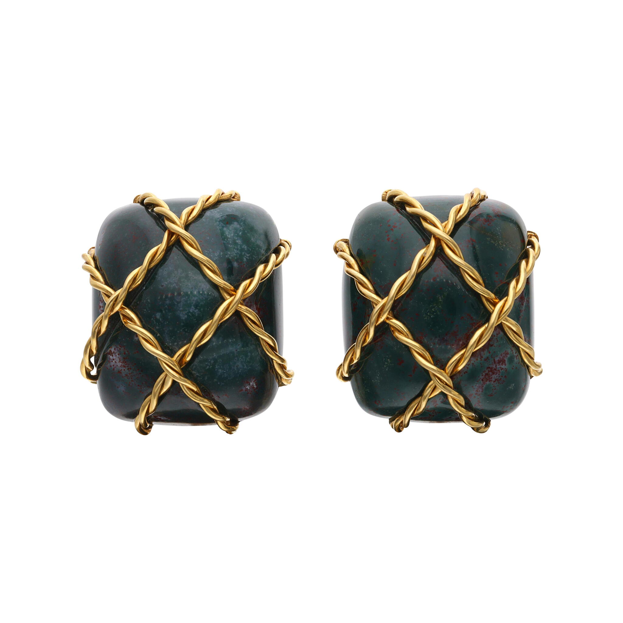 Gold and Bloodstone Earclips — view 1