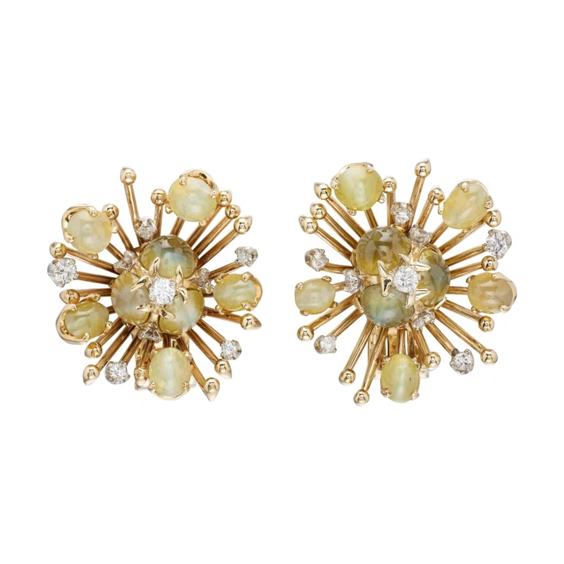 Vintage Gold, Cat's Eye Chrysoberyl and Diamond Earclips