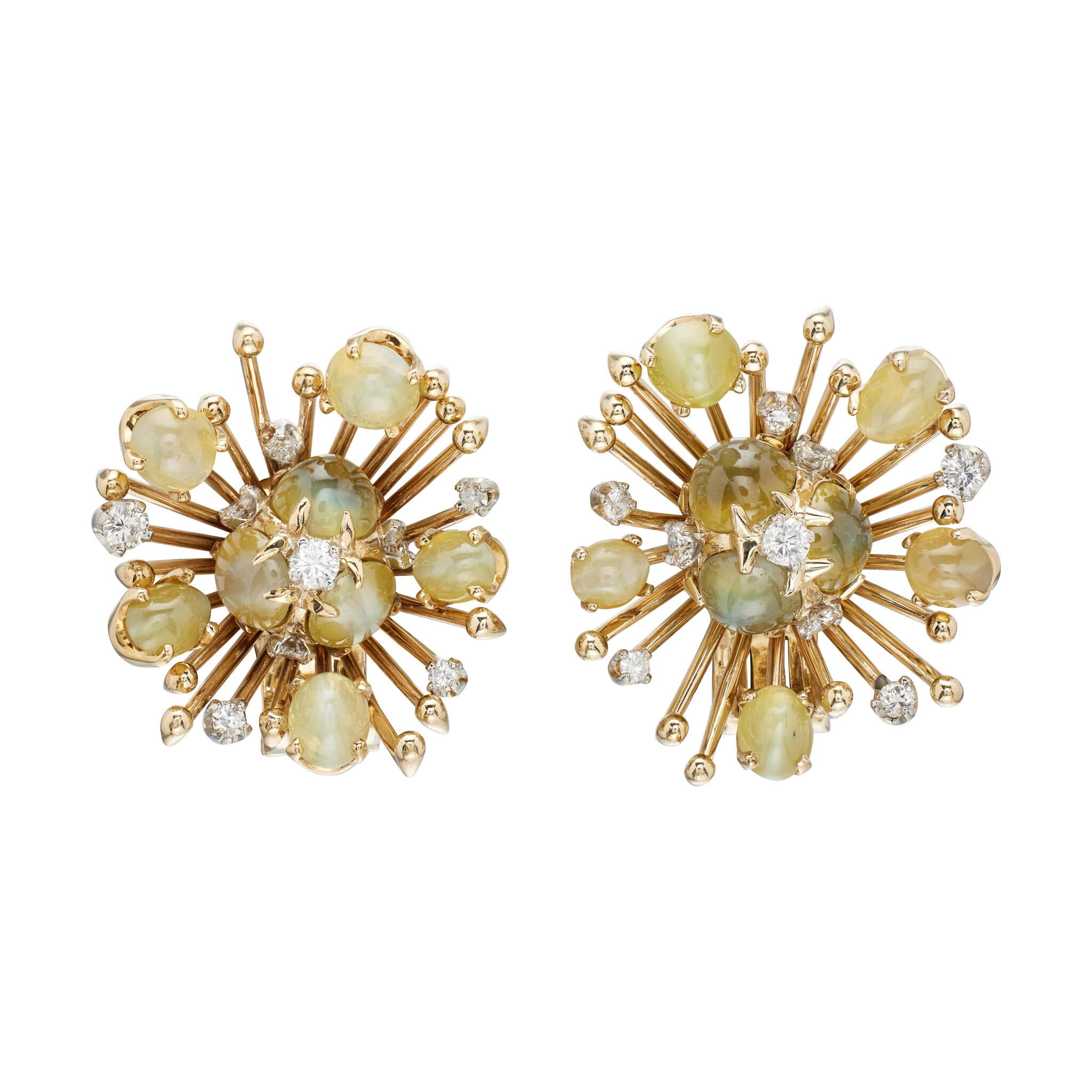 Vintage Gold, Cat's Eye Chrysoberyl and Diamond Earclips — view 1