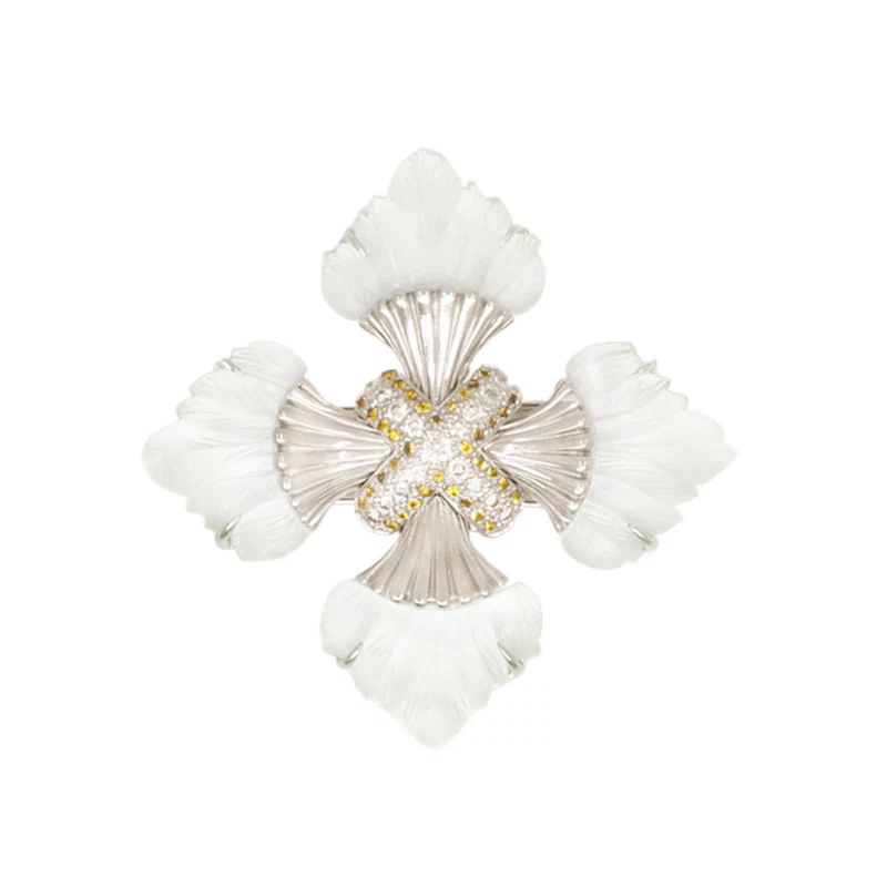 Vintage White Gold, Rock Crystal, Yellow Sapphire and Diamond Maltese Cross Brooch