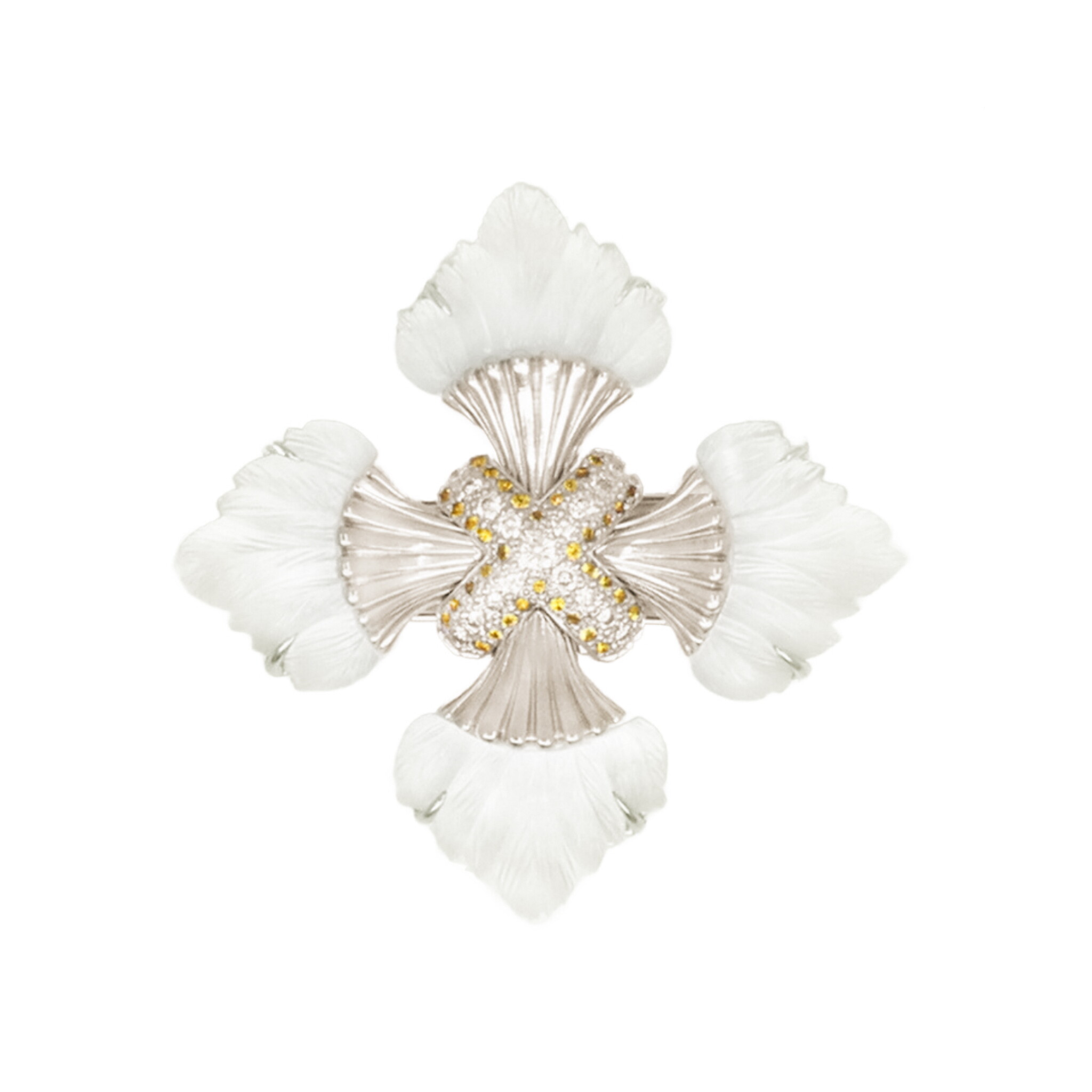Vintage White Gold, Rock Crystal, Yellow Sapphire and Diamond Maltese Cross Brooch — view 1