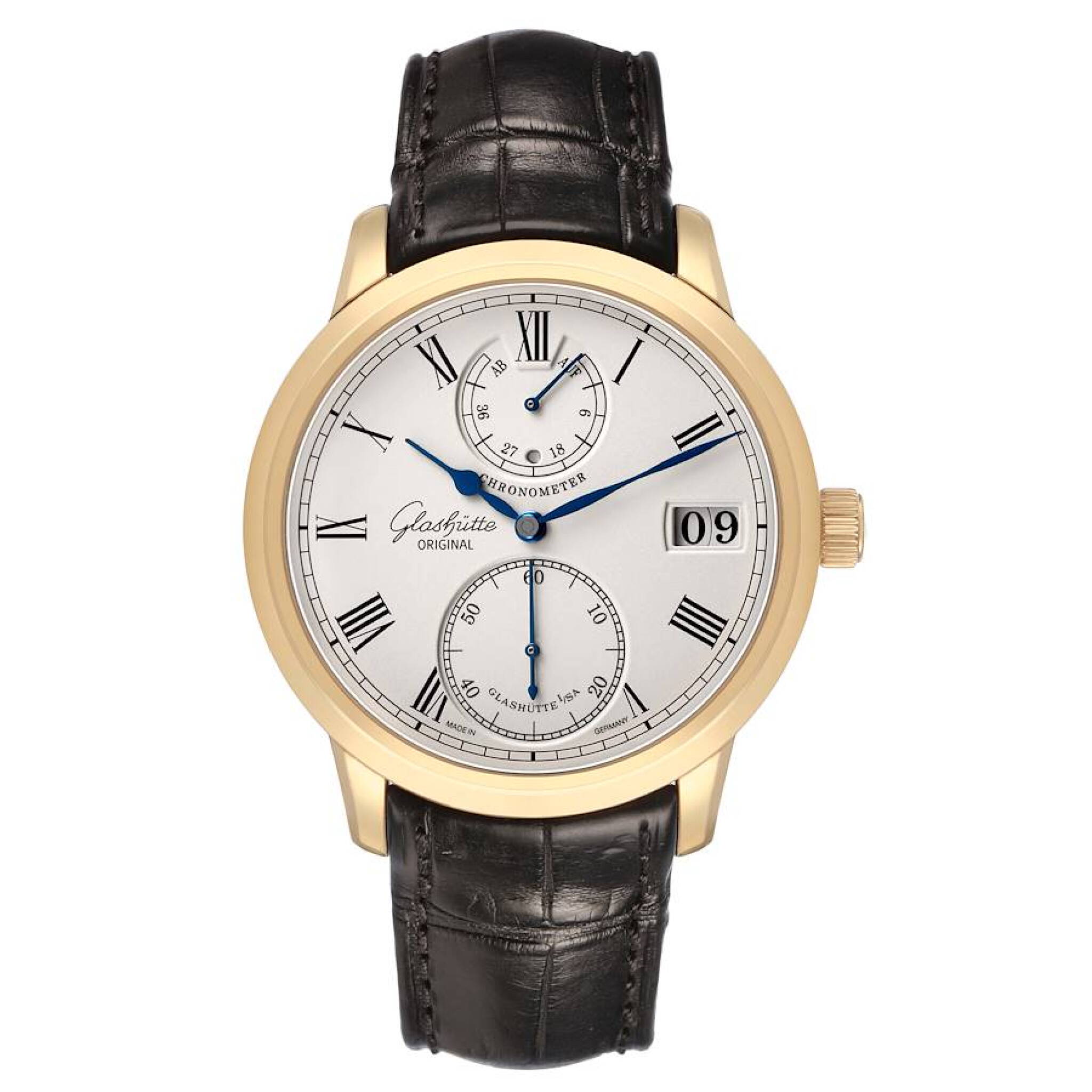 Senator Chronometer (Reference 1-58-01-01-01-04). A 42mm yellow gold manual wind wristwatch with date, power reserve, and day/night indicator. — view 1