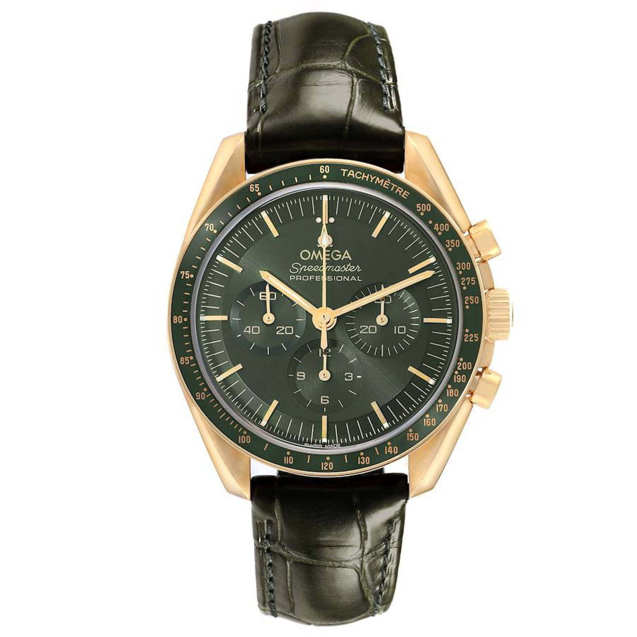 Speedmaster Moonwatch (Reference 310.63.42.50.10.001). A 42mm yellow gold manual wind wristwatch with chronograph. — view 1