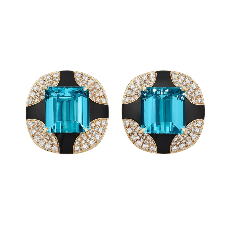 Vintage Gold, Aquamarine, Onyx and Diamond Earclips