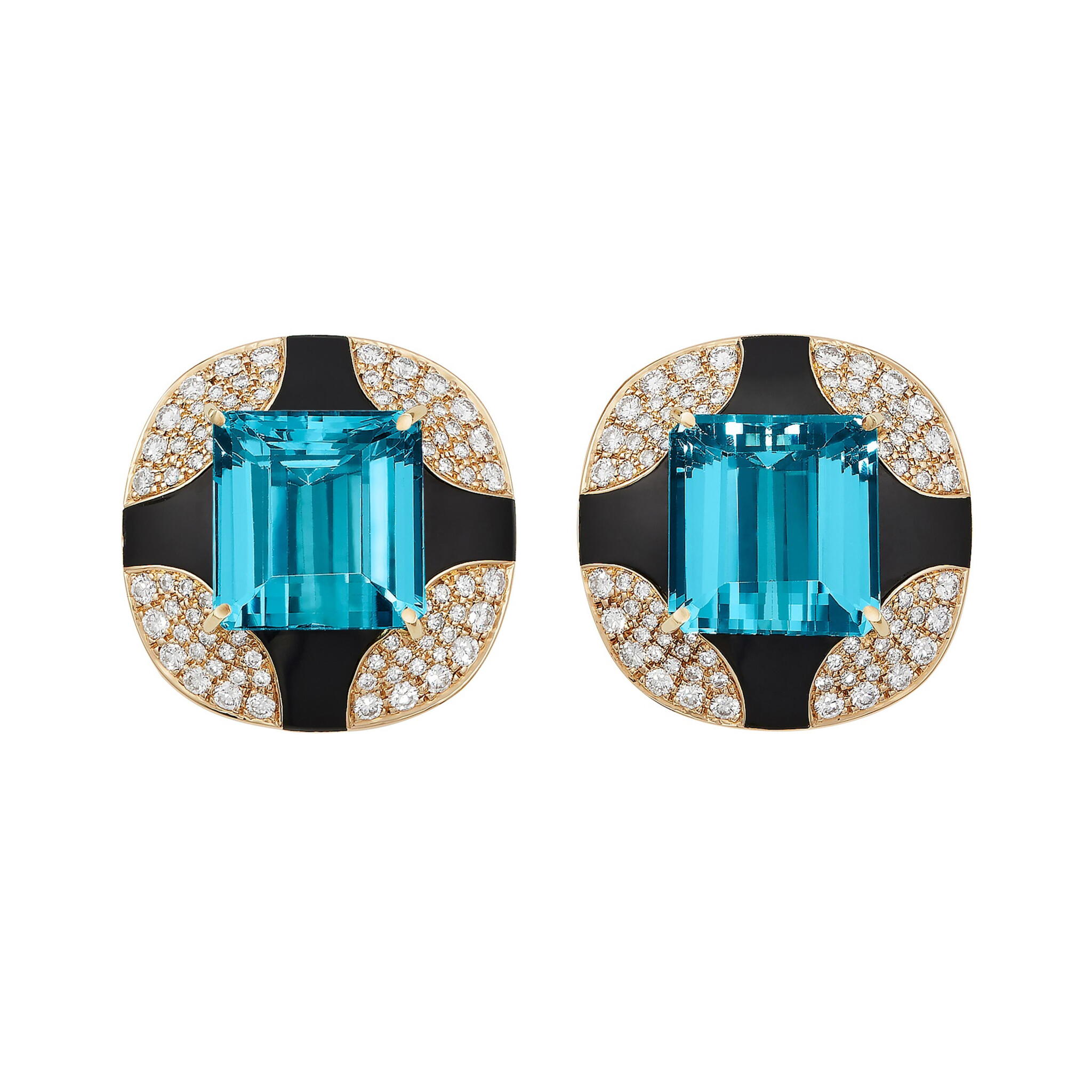 Vintage Gold, Aquamarine, Onyx and Diamond Earclips — view 1