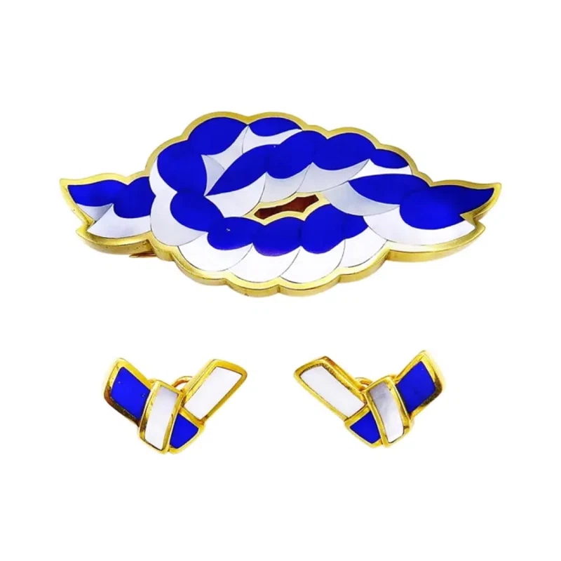 Vintage Gold, Mother of Pearl and Lapis Lazuli Knot Brooch Set