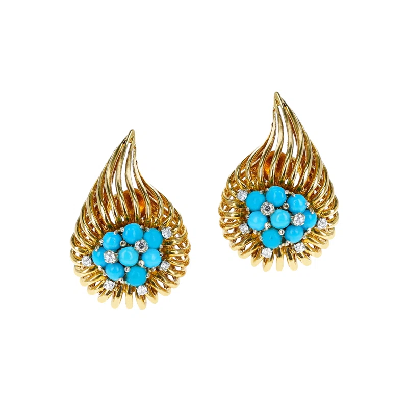 Gold, Turquoise and Diamond Earclips