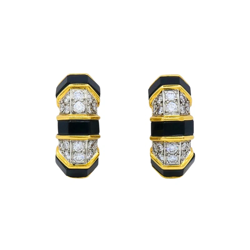 Gold, White Gold, Onyx and Diamond Earclips