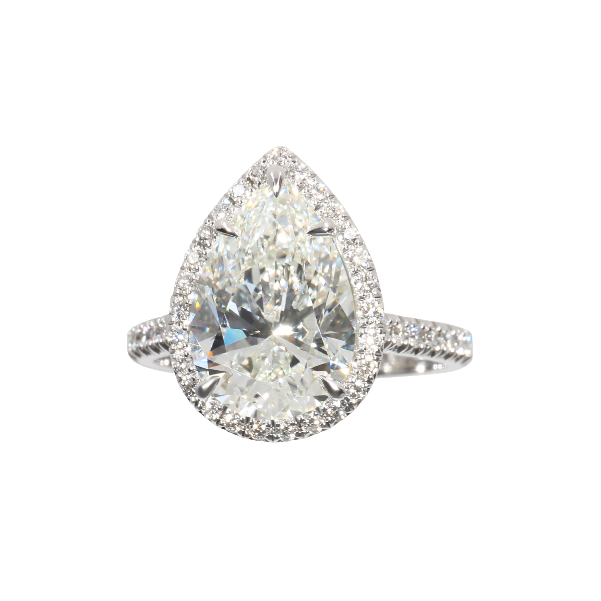 Platinum, 4.02ct Pear Shape Diamond and Diamond Engagement Ring — view 1