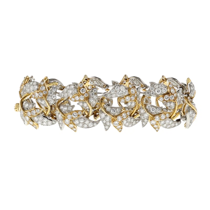 Vintage Platinum, Gold and Diamond Feuilles Bracelet