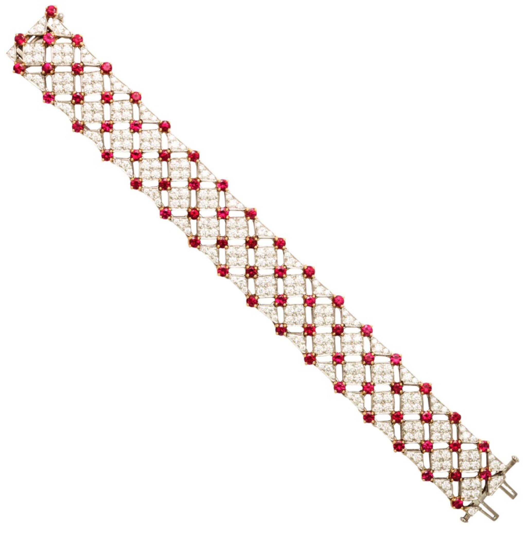 Vintage Platinum, Gold, Ruby and Diamond Trellis Bracelet — view 1