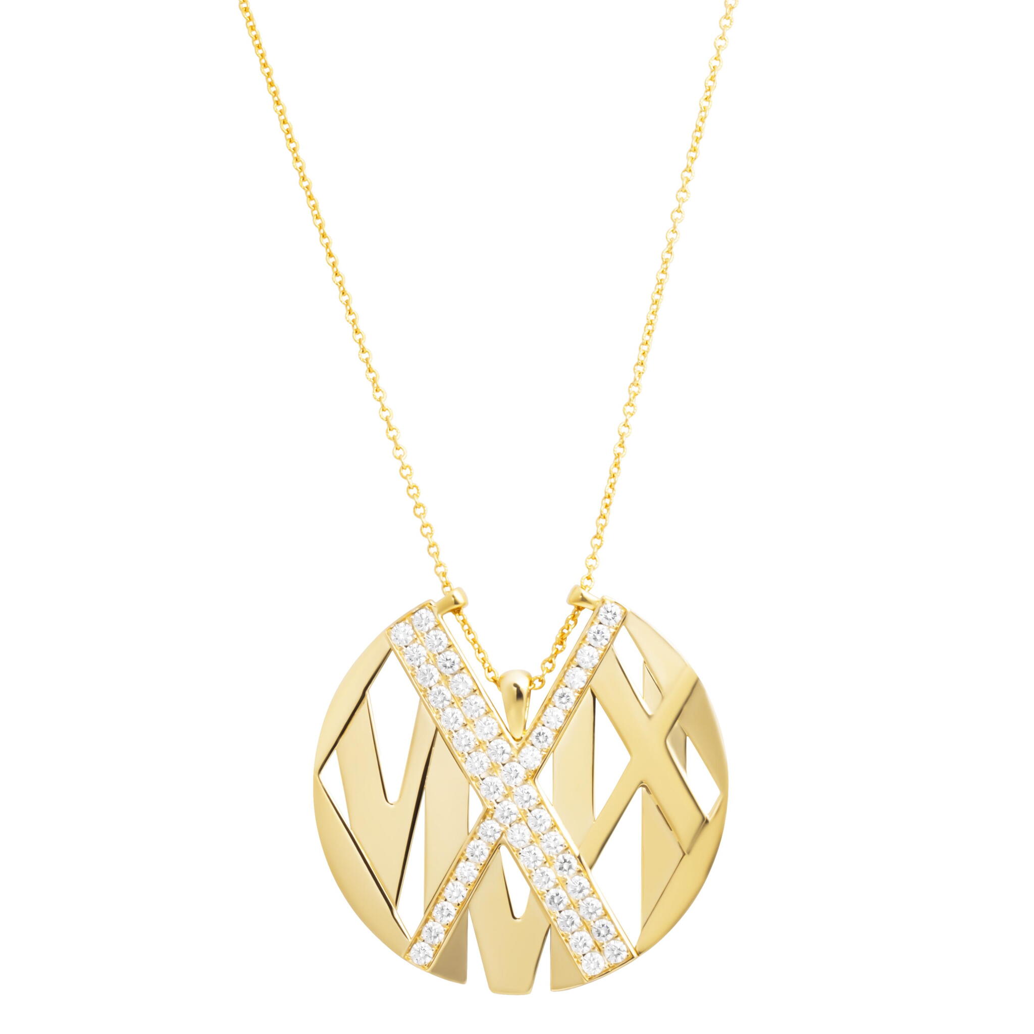 Gold and Diamond Large Atlas Disc Pendant Necklace — view 1