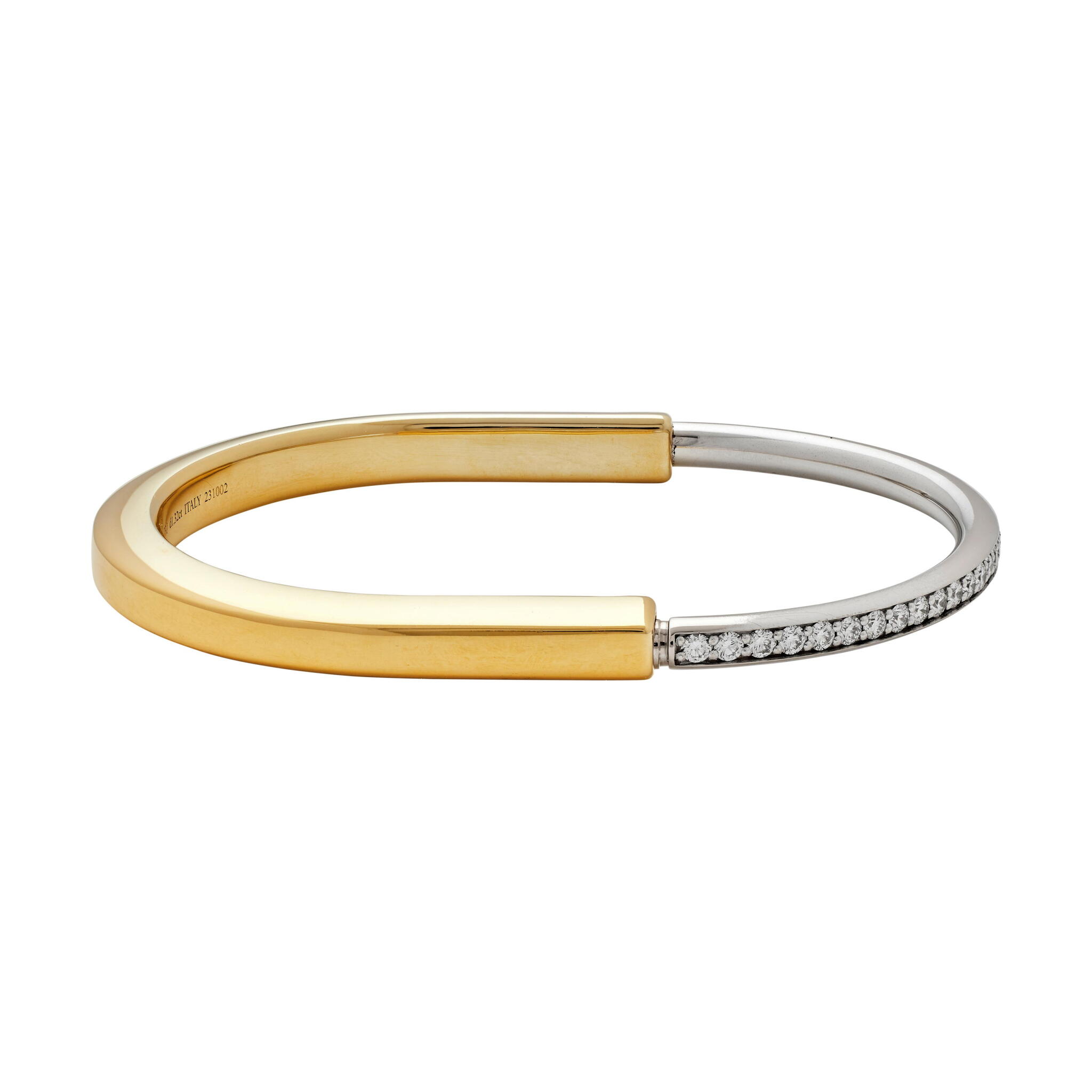 Gold, White Gold and Diamond Half Pavé Lock Bangle Bracelet — view 1