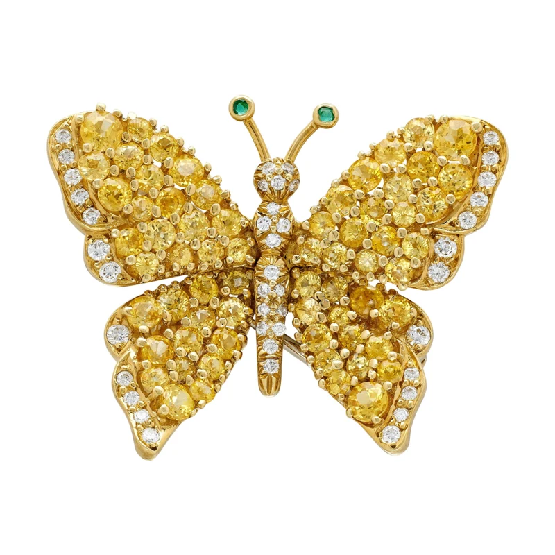 Vintage Gold, Yellow Sapphire, Emerald and Diamond Butterfly Brooch