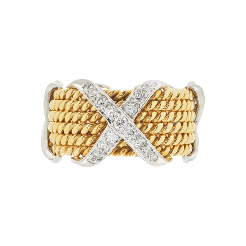 Gold, Platinum and Diamond Rope Six Row X Band Ring