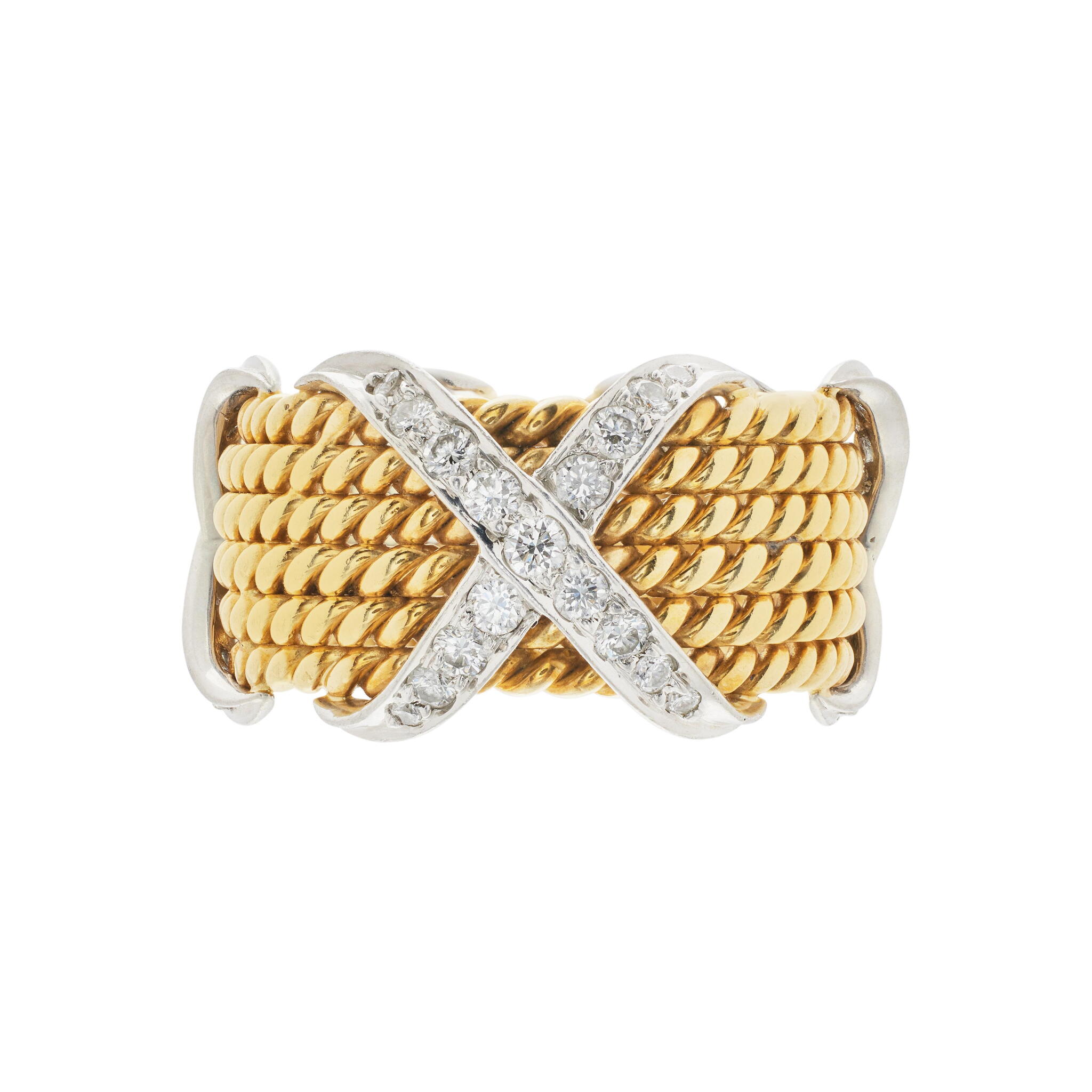 Gold, Platinum and Diamond Rope Six Row X Band Ring — view 1