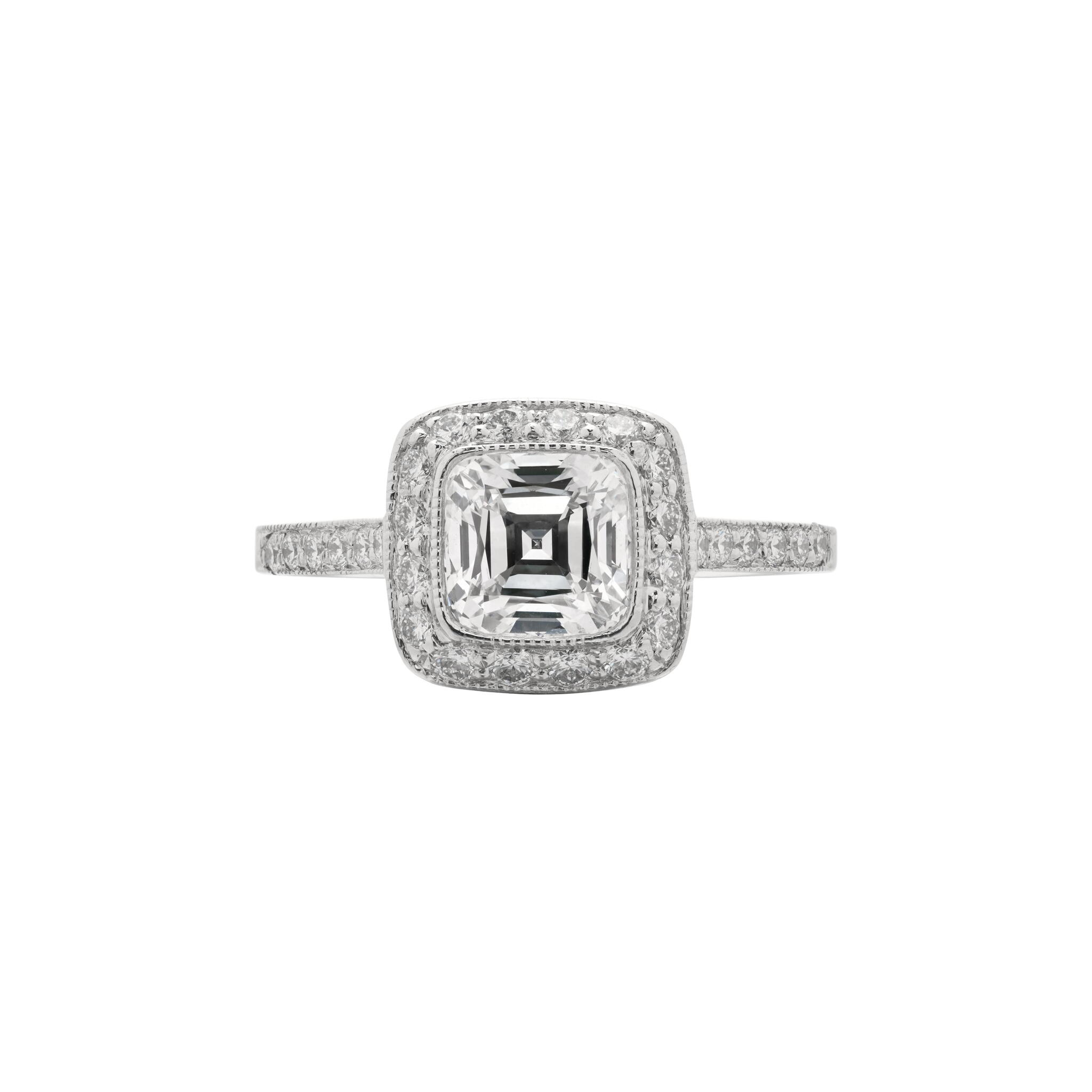 Platinum, 1.01ct Cushion Cut Diamond and Diamond Engagement Ring — view 1
