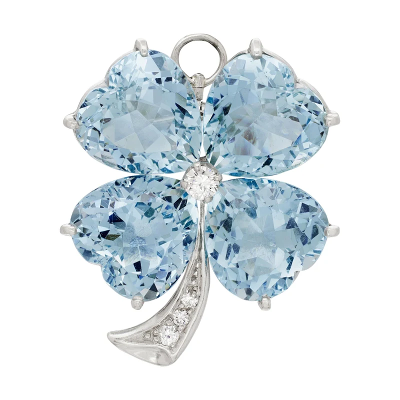 Platinum, Aquamarine and Diamond Clover Brooch Pendant