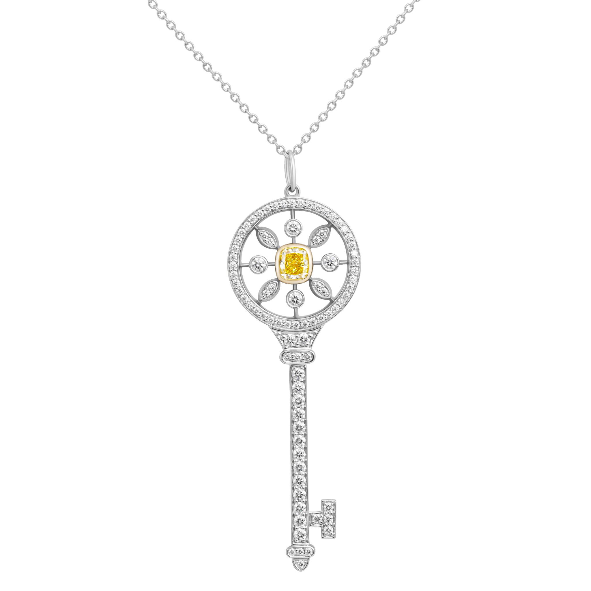 Platinum, Gold, Yellow Diamond and Diamond Key Pendant Necklace — view 1
